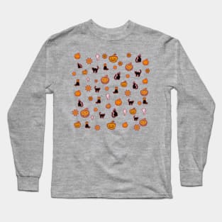 Spooky Halloween Black Cat Pattern Long Sleeve T-Shirt